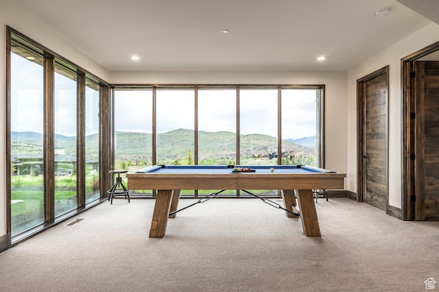 6110 E Blue Wing Loop, Kamas, UT 84036 - playroom featuring carpet flooring, pool table, a mountain view, recessed lighting, and baseboards
