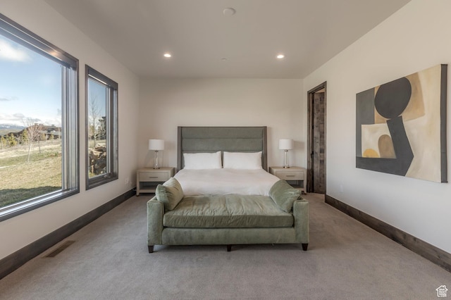 bedroom featuring carpet floors, recessed lighting, and baseboards