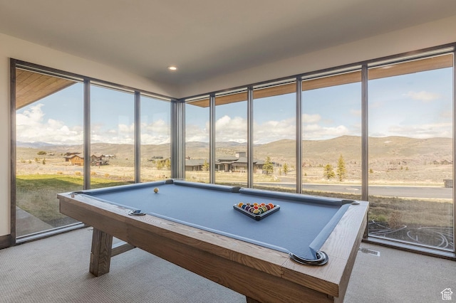 recreation room featuring carpet, a mountain view, pool table, and recessed lighting