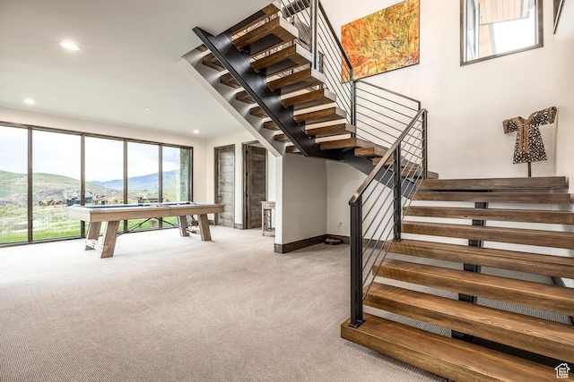 6110 E Blue Wing Loop, Kamas, UT 84036 - stairs featuring carpet, recessed lighting, billiards, a mountain view, and baseboards