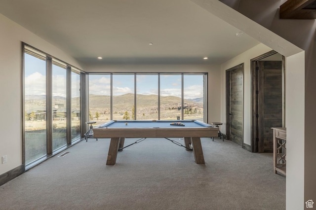 game room with a mountain view, billiards table, carpet, and recessed lighting