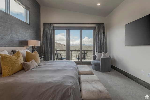 carpeted bedroom featuring lofted ceiling, access to exterior, baseboards, and recessed lighting