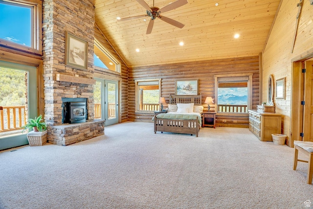9174 Deer Creek Dr, Heber City, UT 84032 - bedroom featuring high vaulted ceiling, a wood stove, carpet flooring, multiple windows, and recessed lighting