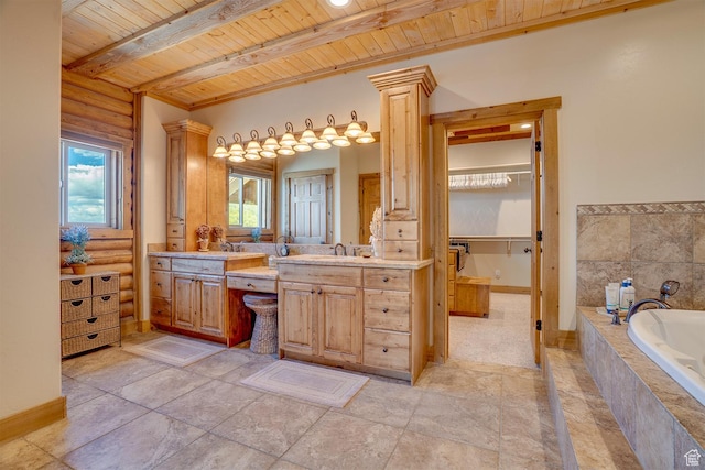 9174 Deer Creek Dr, Heber City, UT 84032 - full bath with wooden ceiling, a garden tub, vanity, beamed ceiling, and baseboards