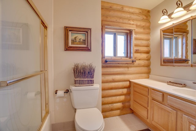 9174 Deer Creek Dr, Heber City, UT 84032 - bathroom with log walls, toilet, vanity, and shower / bath combination with glass door