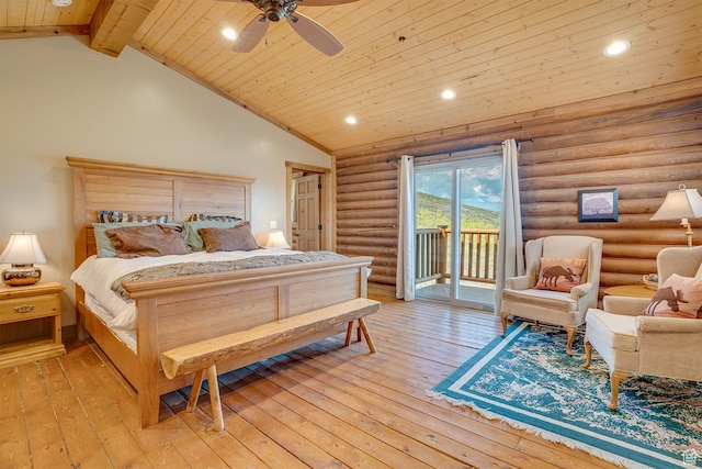 9174 Deer Creek Dr, Heber City, UT 84032 - bedroom with wood ceiling, access to exterior, log walls, light wood-style flooring, and vaulted ceiling