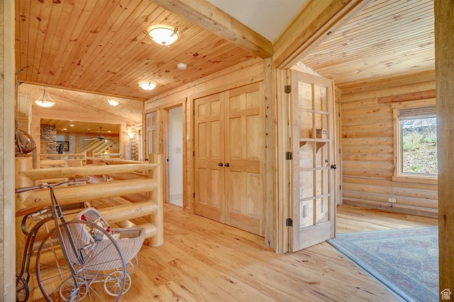 9174 Deer Creek Dr, Heber City, UT 84032 - hall featuring log walls, wood finished floors, and wooden ceiling