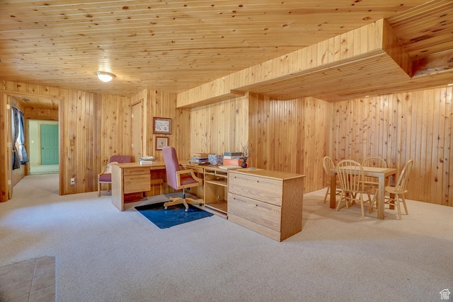 9174 Deer Creek Dr, Heber City, UT 84032 - home office with carpet, wooden walls, and wooden ceiling