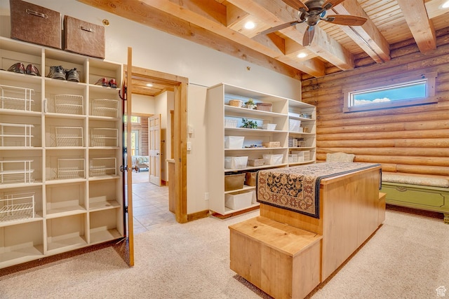 9174 Deer Creek Dr, Heber City, UT 84032 - interior space with light carpet, wood ceiling, log walls, ceiling fan, and beamed ceiling