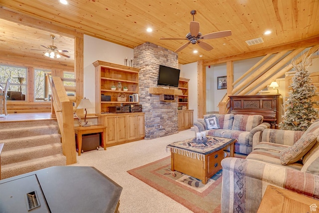9174 Deer Creek Dr, Heber City, UT 84032 - carpeted living room with a ceiling fan, wooden ceiling, stairway, recessed lighting, and a stone fireplace