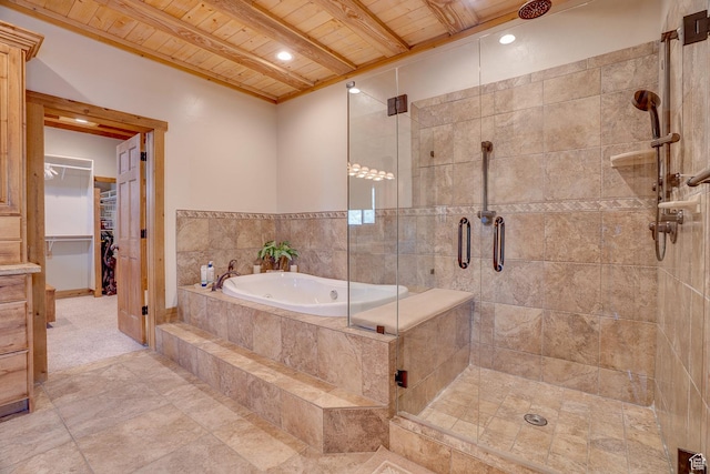 9174 Deer Creek Dr, Heber City, UT 84032 - full bathroom with wooden ceiling, a stall shower, a garden tub, beamed ceiling, and a walk in closet