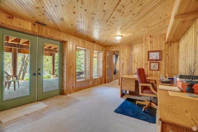 9174 Deer Creek Dr, Heber City, UT 84032 - carpeted home office with french doors, wood walls, and wood ceiling