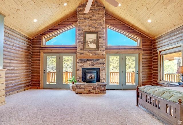 9174 Deer Creek Dr, Heber City, UT 84032 - bedroom featuring high vaulted ceiling, wood ceiling, carpet, multiple windows, and access to outside