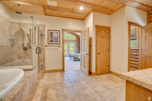9174 Deer Creek Dr, Heber City, UT 84032 - bathroom with wooden ceiling, baseboards, a stall shower, a garden tub, and vanity