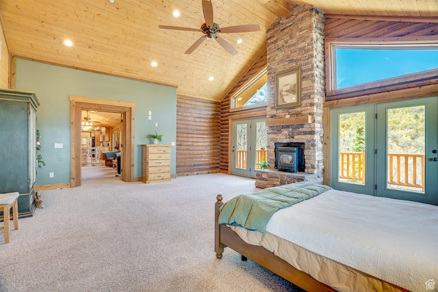9174 Deer Creek Dr, Heber City, UT 84032 - bedroom with access to outside, wooden ceiling, carpet floors, high vaulted ceiling, and recessed lighting