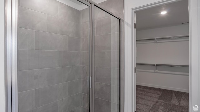 5488 N Trailside Unit 431, Eagle Mountain, UT 84005 - bathroom with a spacious closet, a stall shower, and baseboards