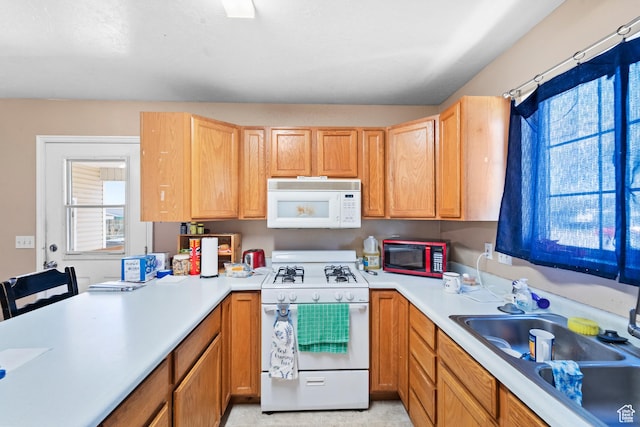 kitchen with white appliances, plenty of natural light, a sink, and light countertops