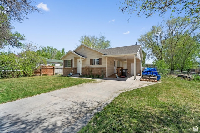 ranch-style home featuring concrete driveway and brick siding