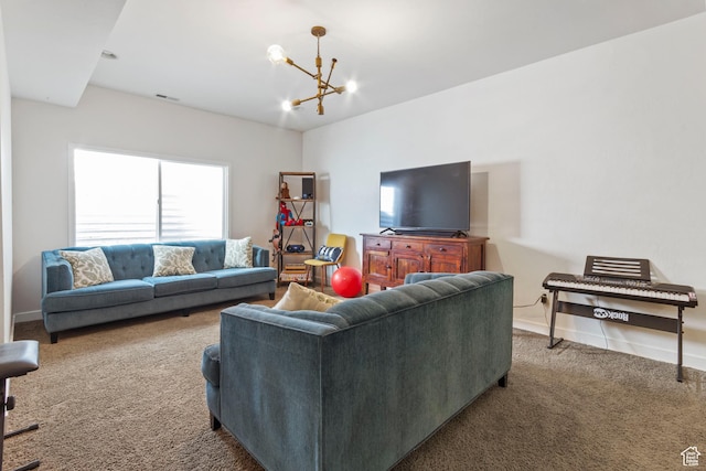 10243 S Silver Mine Rd W, South Jordan, UT 84009 - carpeted living room with a chandelier and baseboards