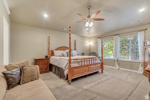 bedroom with recessed lighting, baseboards, light colored carpet, and ceiling fan