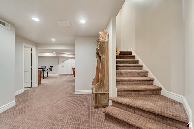stairway featuring carpet flooring, recessed lighting, and baseboards