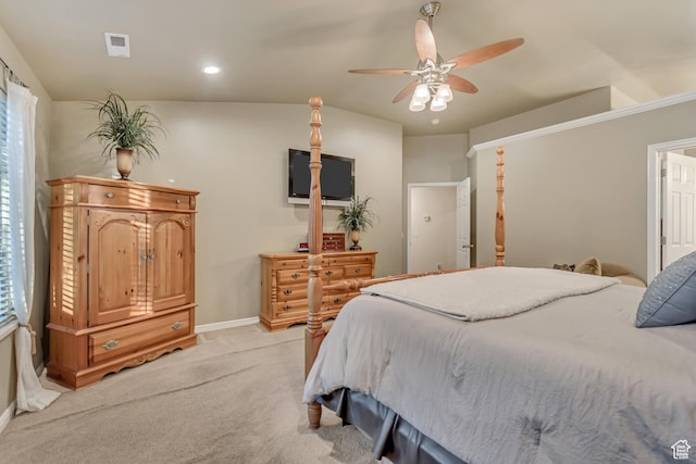 bedroom featuring light carpet, baseboards, ceiling fan, and recessed lighting