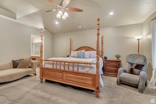 carpeted bedroom with ensuite bathroom, a ceiling fan, recessed lighting, and ornamental molding