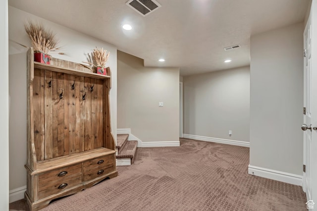 mudroom featuring carpet, baseboards, and recessed lighting