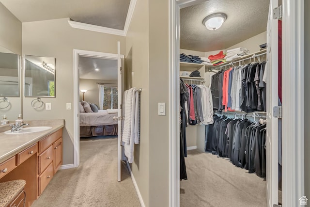 spacious closet with a sink and light colored carpet