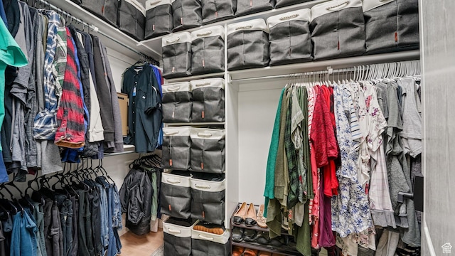 walk in closet with wood finished floors