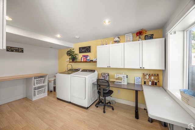 washroom featuring washer and clothes dryer, light wood-type flooring, baseboards, and recessed lighting