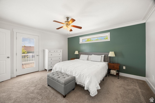 bedroom with ornamental molding, access to exterior, carpet, a ceiling fan, and baseboards