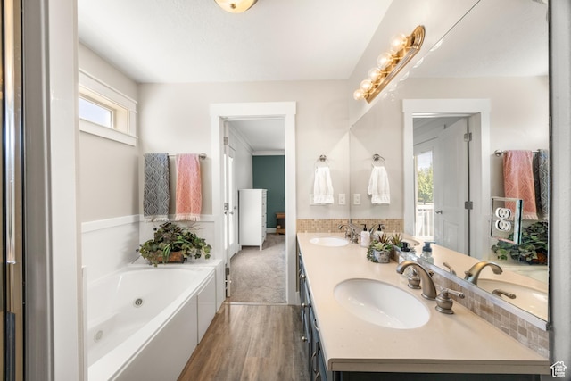 full bathroom with a jetted tub, wood finished floors, and double vanity