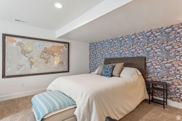 carpeted bedroom featuring baseboards, wallpapered walls, and recessed lighting
