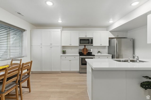 kitchen with appliances with stainless steel finishes, a sink, light countertops, white cabinets, and recessed lighting