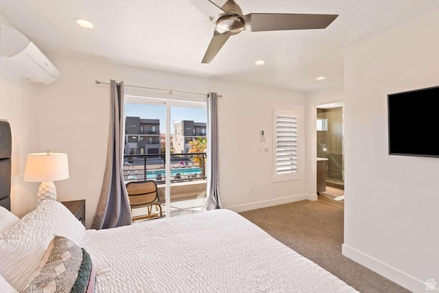 bedroom with an AC wall unit, access to exterior, baseboards, carpet floors, and a ceiling fan