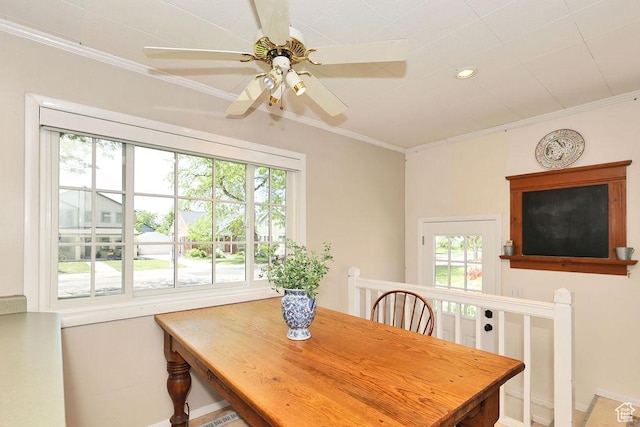 dining space with plenty of natural light, baseboards, ornamental molding, ceiling fan, and recessed lighting
