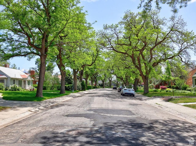 view of asphalt road featuring sidewalks and curbs