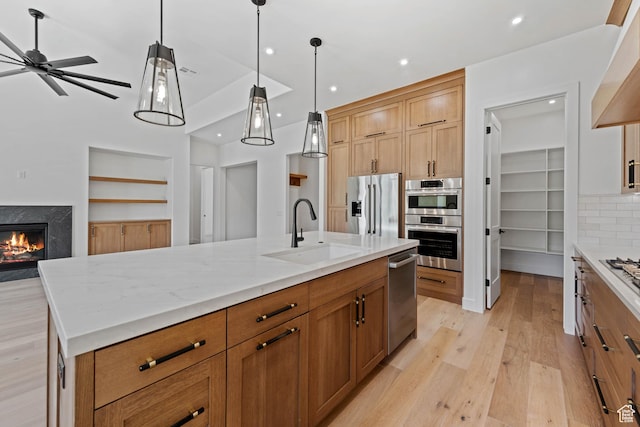 kitchen featuring a sink, appliances with stainless steel finishes, light wood finished floors, a premium fireplace, and backsplash