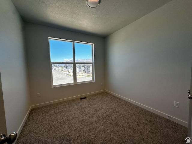 carpeted spare room with a textured ceiling and baseboards