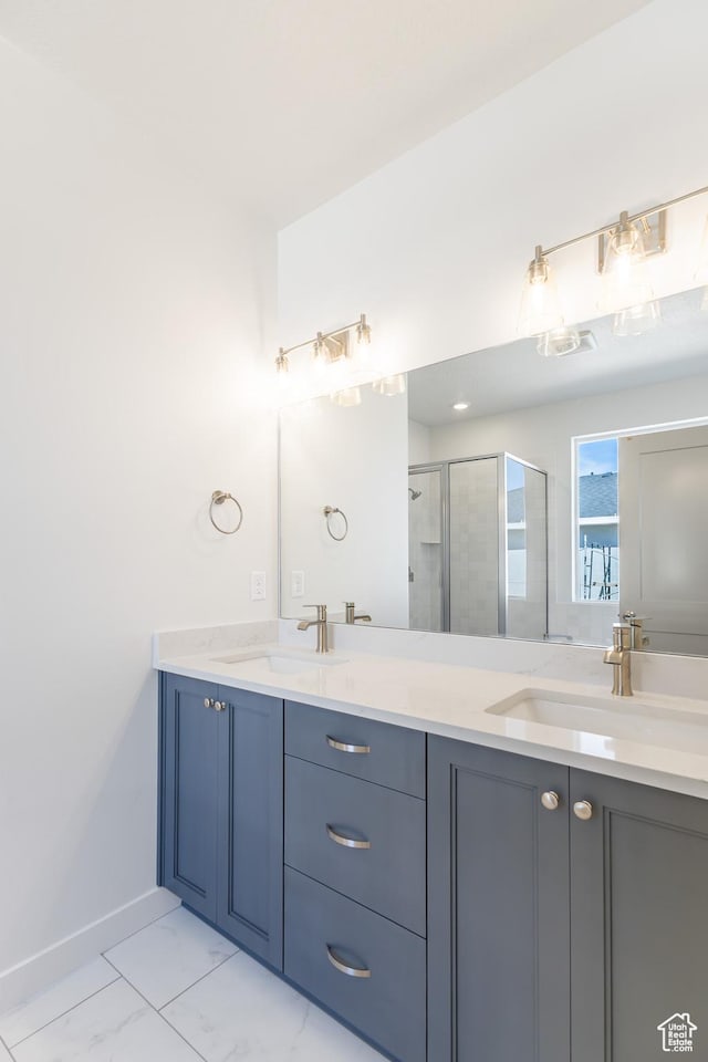 3573 W 725 S Unit 106, West Weber, UT 84401 - full bath featuring double vanity, a stall shower, and marble finish floors