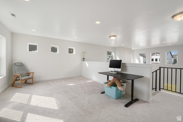 playroom featuring carpet, baseboards, and recessed lighting