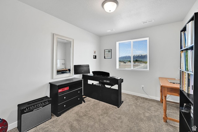 office area featuring carpet floors, baseboards, and a textured ceiling