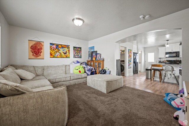 2460 W 450 N Unit 7, Tremonton, UT 84337 - living room featuring washer / dryer, arched walkways, light colored carpet, and light wood finished floors