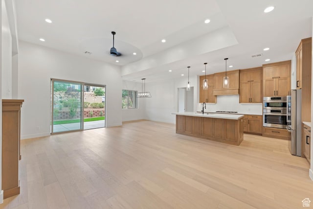 kitchen with stainless steel appliances, ceiling fan, open floor plan, a sink, and recessed lighting