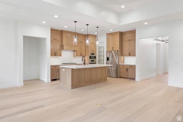kitchen featuring stainless steel appliances, recessed lighting, backsplash, light countertops, and baseboards