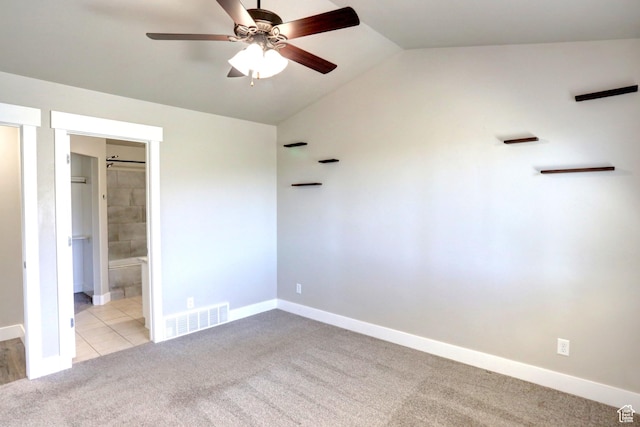 198 E 1430 S, Nephi, UT 84648 - unfurnished bedroom featuring carpet flooring, vaulted ceiling, baseboards, ensuite bathroom, and a ceiling fan