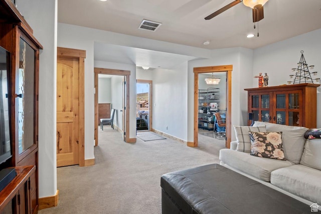 14295 N Council Fire Trl, Kamas, UT 84036 - living area featuring light carpet, a ceiling fan, baseboards, and recessed lighting