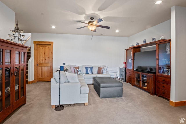 14295 N Council Fire Trl, Kamas, UT 84036 - carpeted living room with stairway, a ceiling fan, and recessed lighting
