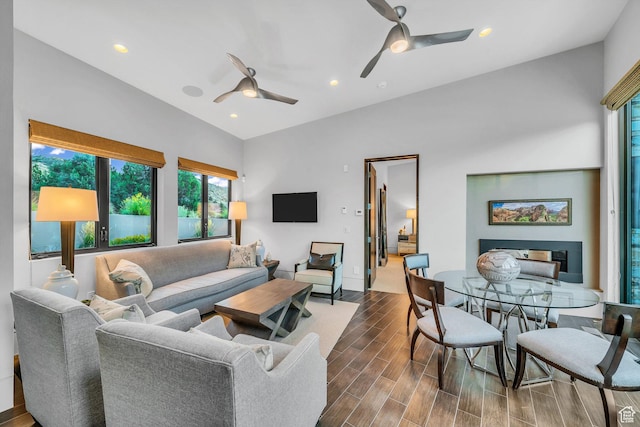 1203 Canyon Springs Rd, Springdale, UT 84767 - living area featuring a ceiling fan, dark wood-style floors, recessed lighting, baseboards, and vaulted ceiling